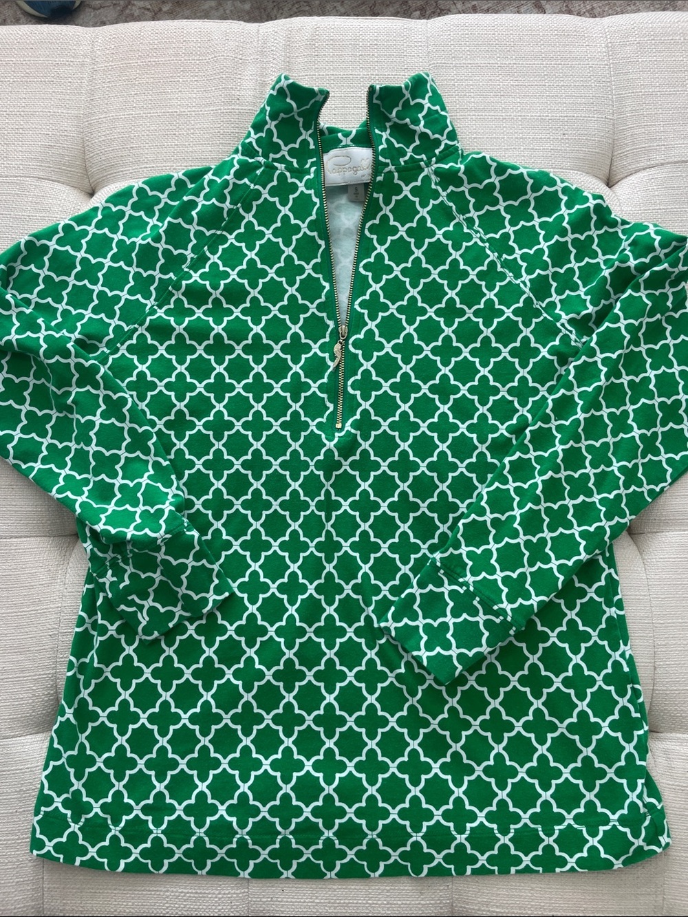 Pappagallo Green & White Geometric Quarter-Zip Pullover